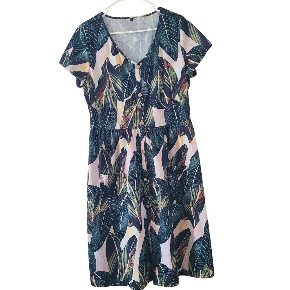 Tropical Leaf Print Dress Womens XL Green Pink Button Front Pockets